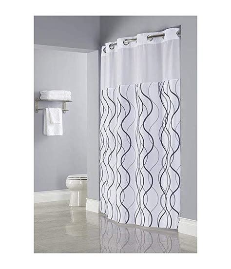 Super Big Clearance! Hookless Waves Sheer Polyester Shower Curtain with 12" Sheer Voile Window, 71"x77"- White/Grey/Black