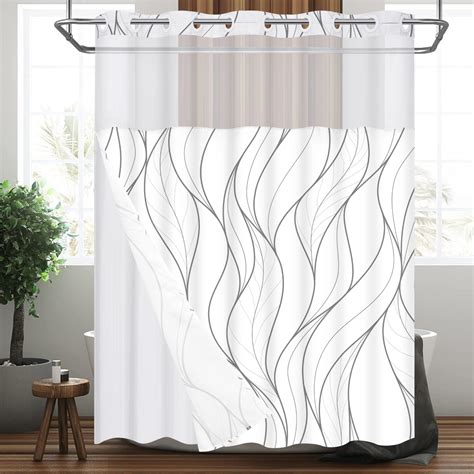 Super Big Clearance! Hookless Waves Sheer Polyester Shower Curtain with 12" Sheer Voile Window, 71"x77"- White/Grey/Black