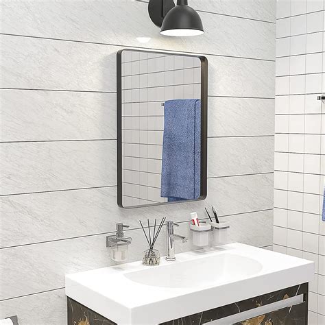 Greatest Product Janboe Modern Bathroom Vanity Mirror Wall-Mounted Black Makeup Mirror Metal Framed Rounded Corner Deep Set Design Horizontal or Vertical Hangs 24" x 36"