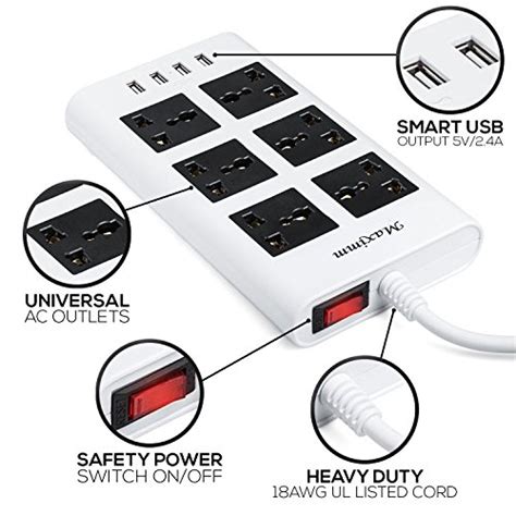 ✓ Maximm Surge Protector Flat Power Strip 6 Universal Outlets with 4 USB Ports, Desktop Charging Station, 4000W/10-16A Multiplug (6.5ft, White) w/India (Type D) Plug